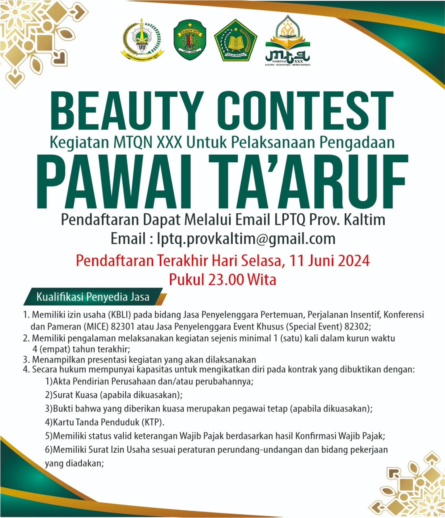 [Pengumuman Pengadaan] Beauty Contest  Kegiatan MTQN XXX